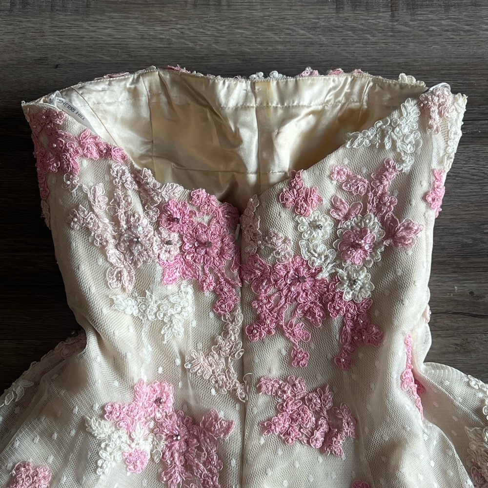 Sherri Hill Pink and Cream Floral Embroidered Lace Embellished Dress - Picture 11 of 16